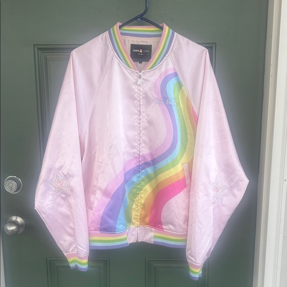 Teddy Fresh - pink rainbow wave satin bomber jacket
